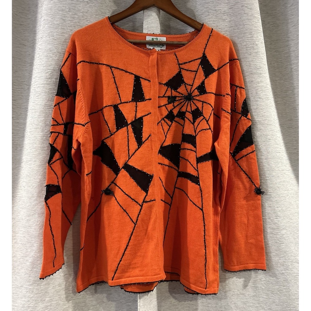 Vintage Quacker Factory Halloween Beaded spiderweb Orange Cardigan Sweater sz 1X